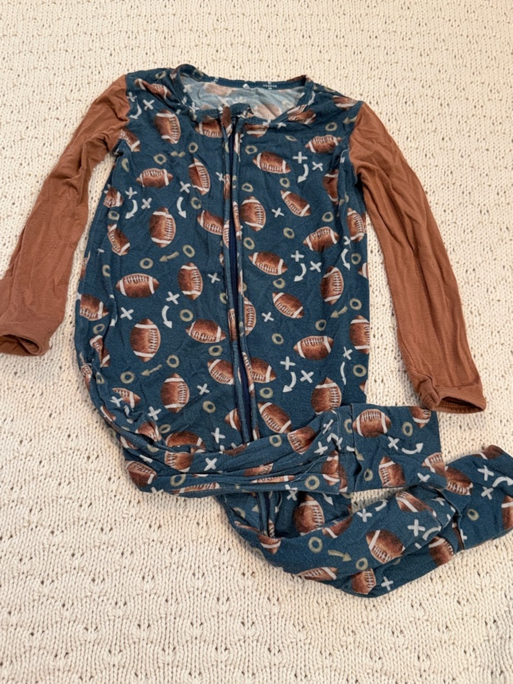 Kids Football-Print Zip Pajamas - Blue with Brown Sleeves